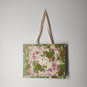 large Tory Burch gift tote bag green pink floral print logo double handle